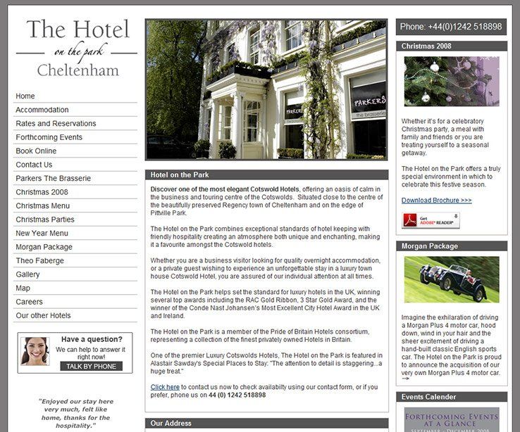 A web page for the hotel in cheltenham