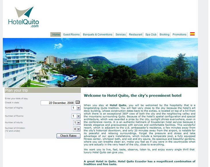 A hotel quito website shows a picture of mountains and buildings