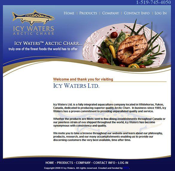 A website for icy waters arctic charr shows a plate of food