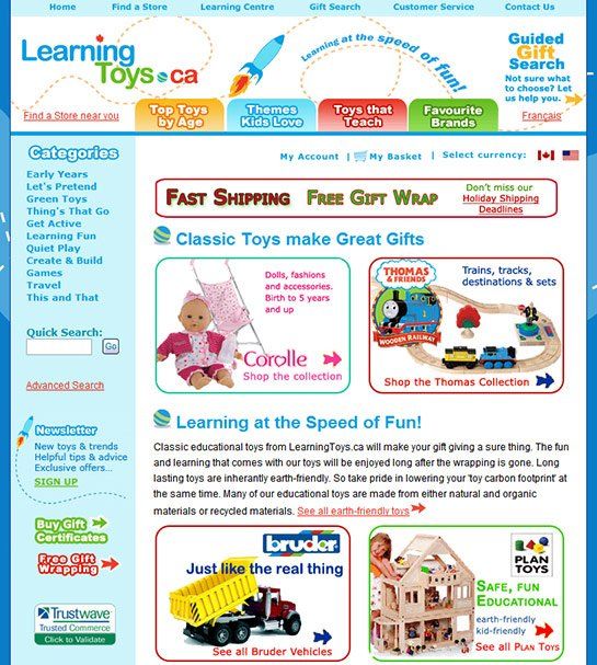 A screenshot of the learning toys website