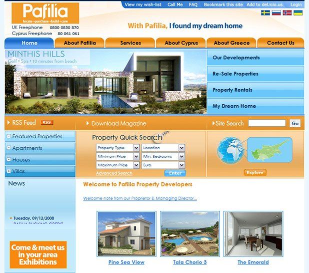 A website for pafilia shows a picture of a house