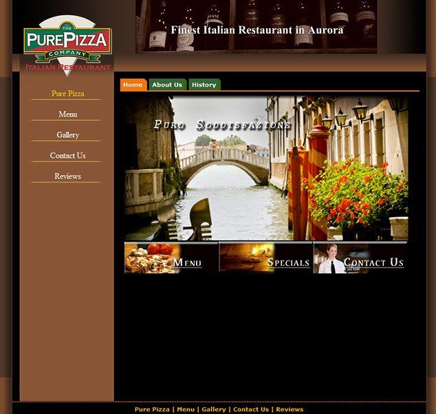 A website for purepizza shows a bridge over a river