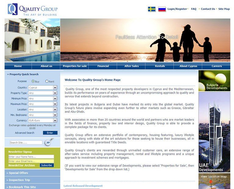 A quality group website shows a family holding hands