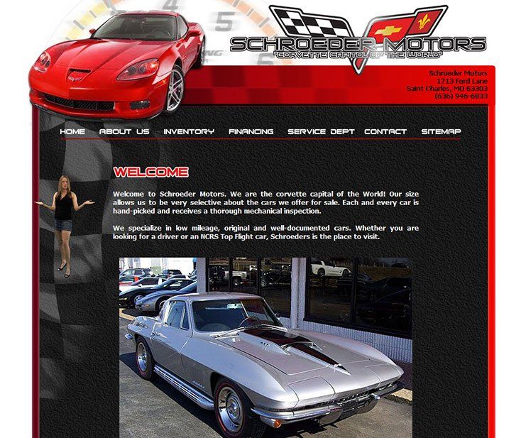A website for schroeder motors shows a red car and a silver car