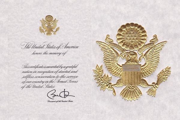 A certificate from the united states of america