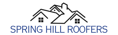 Logo for Spring Hill Roofers: A black and white depiction of a house roof with the business name below in blue.