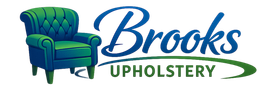 Brooks Upholstery logo with green armchair and blue script text on white background