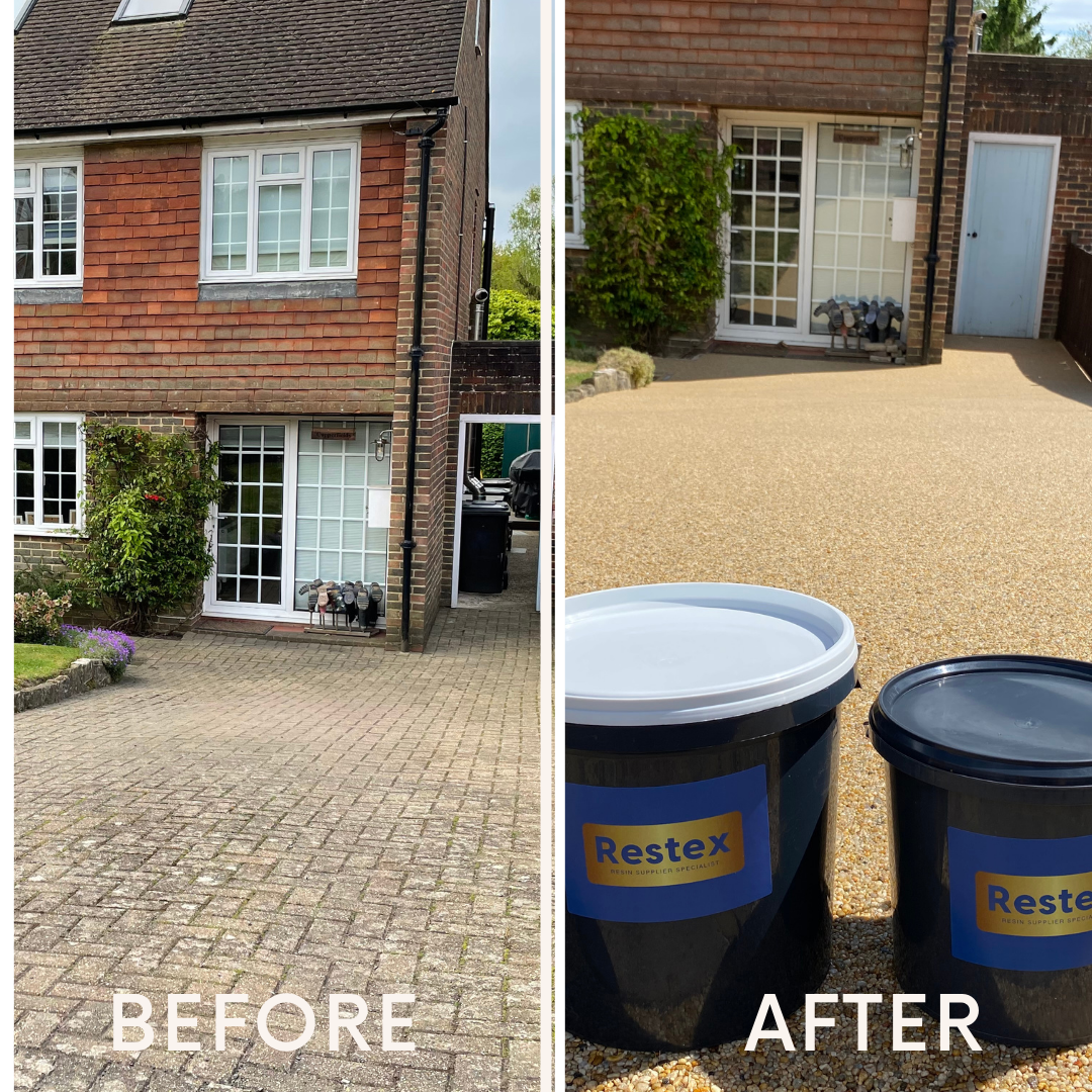 A before and after picture of a house and a bucket of restex