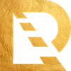 A white letter r for restex resin 
 on a gold background