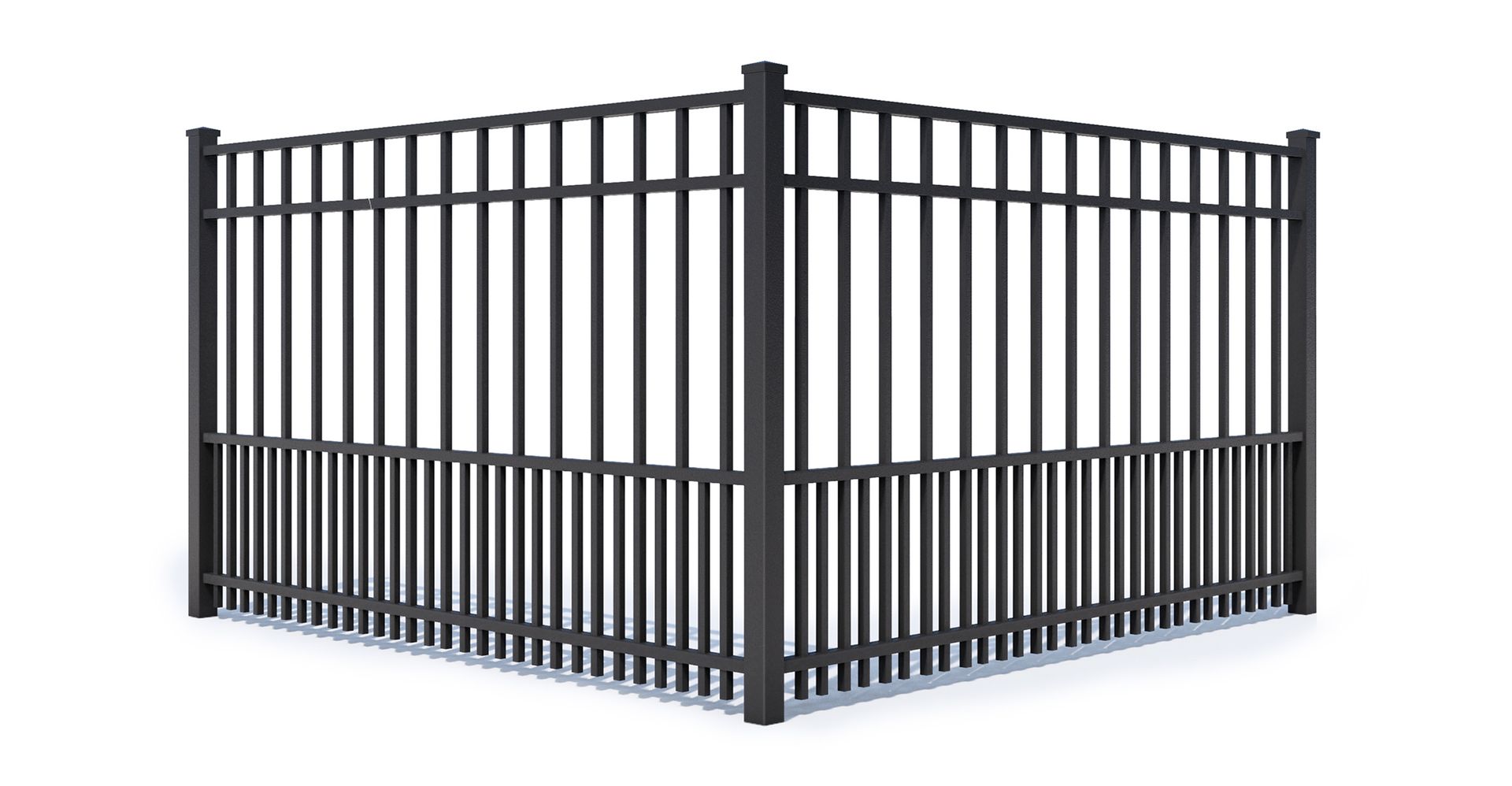 A black metal fence with a shadow on a white background.