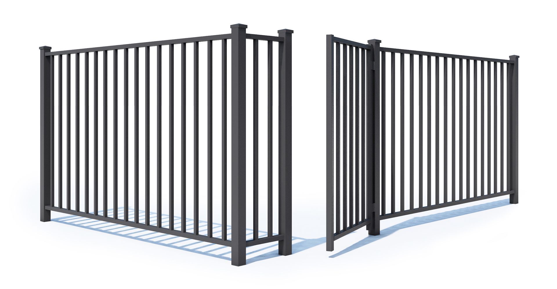 A black metal fence with a gate on a white background.