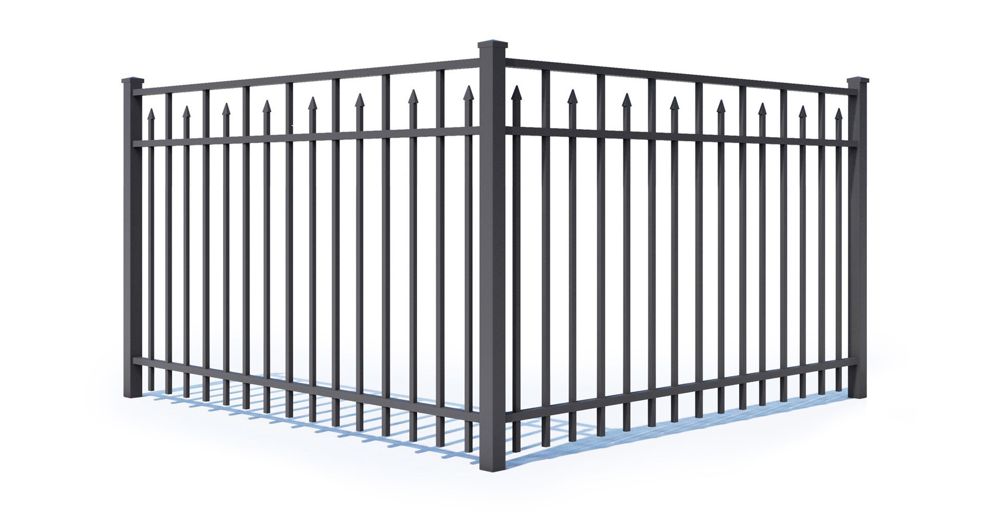 A black metal fence on a white background.