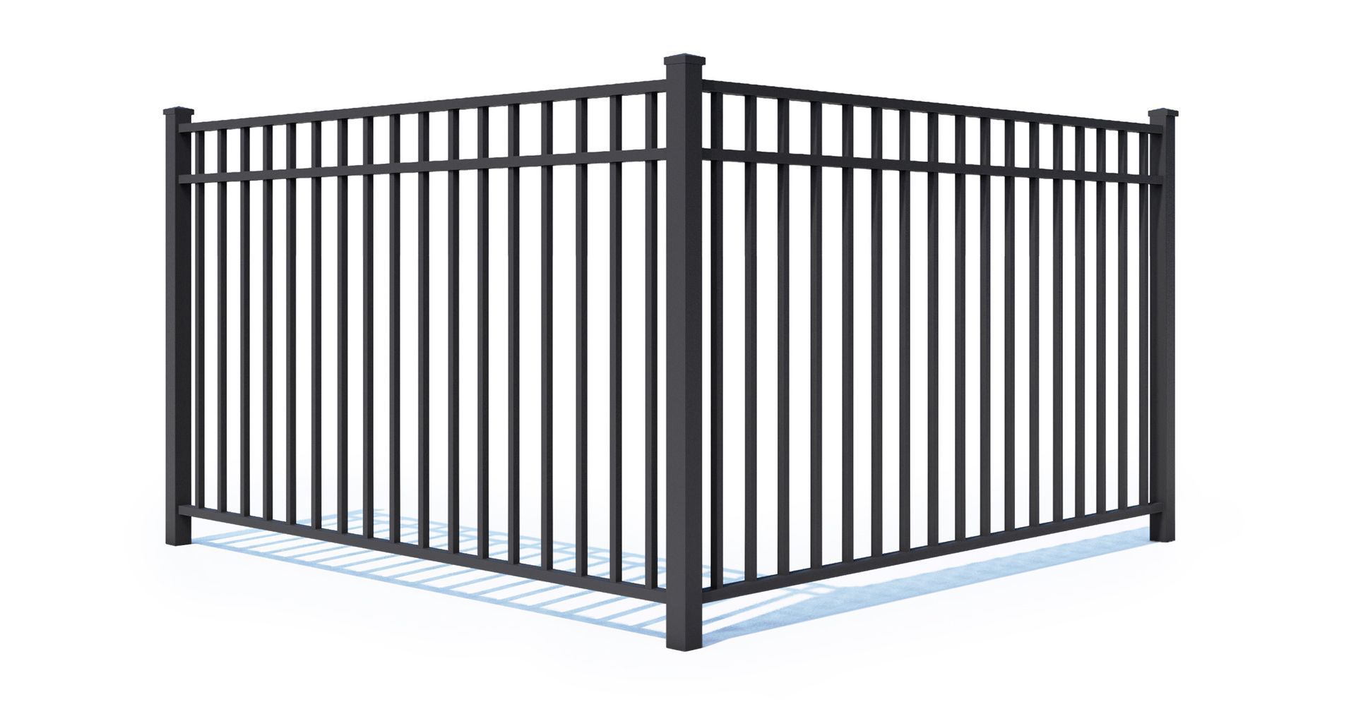 A black metal fence on a white background.
