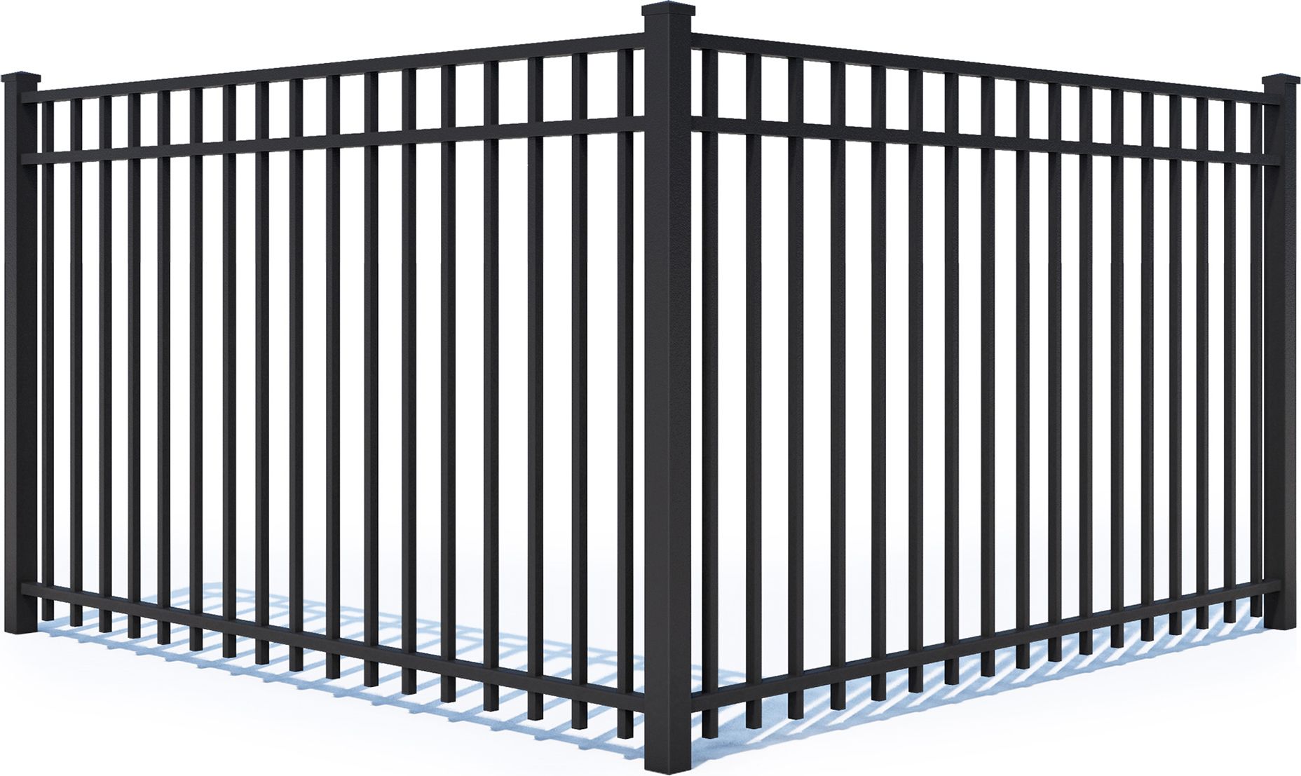 A black metal fence on a white background.