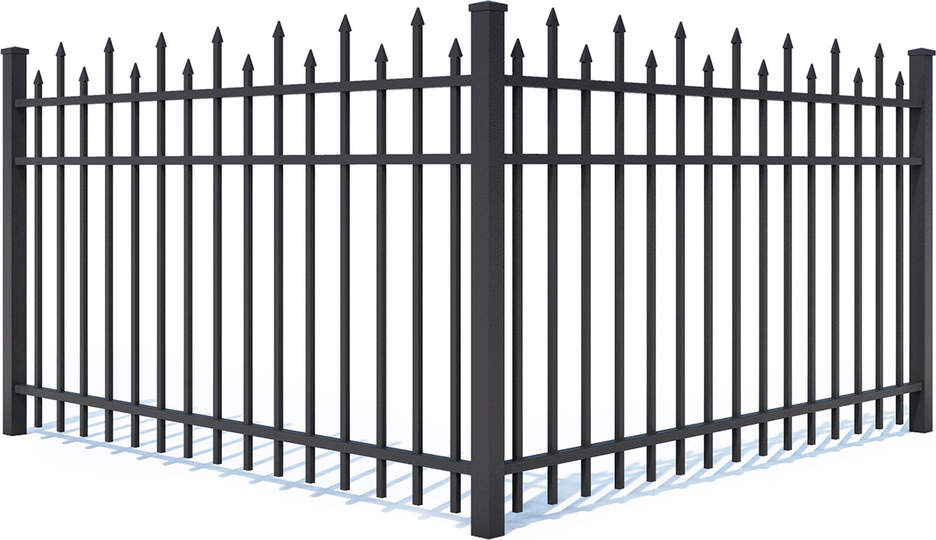 A black metal fence with spikes on a white background.