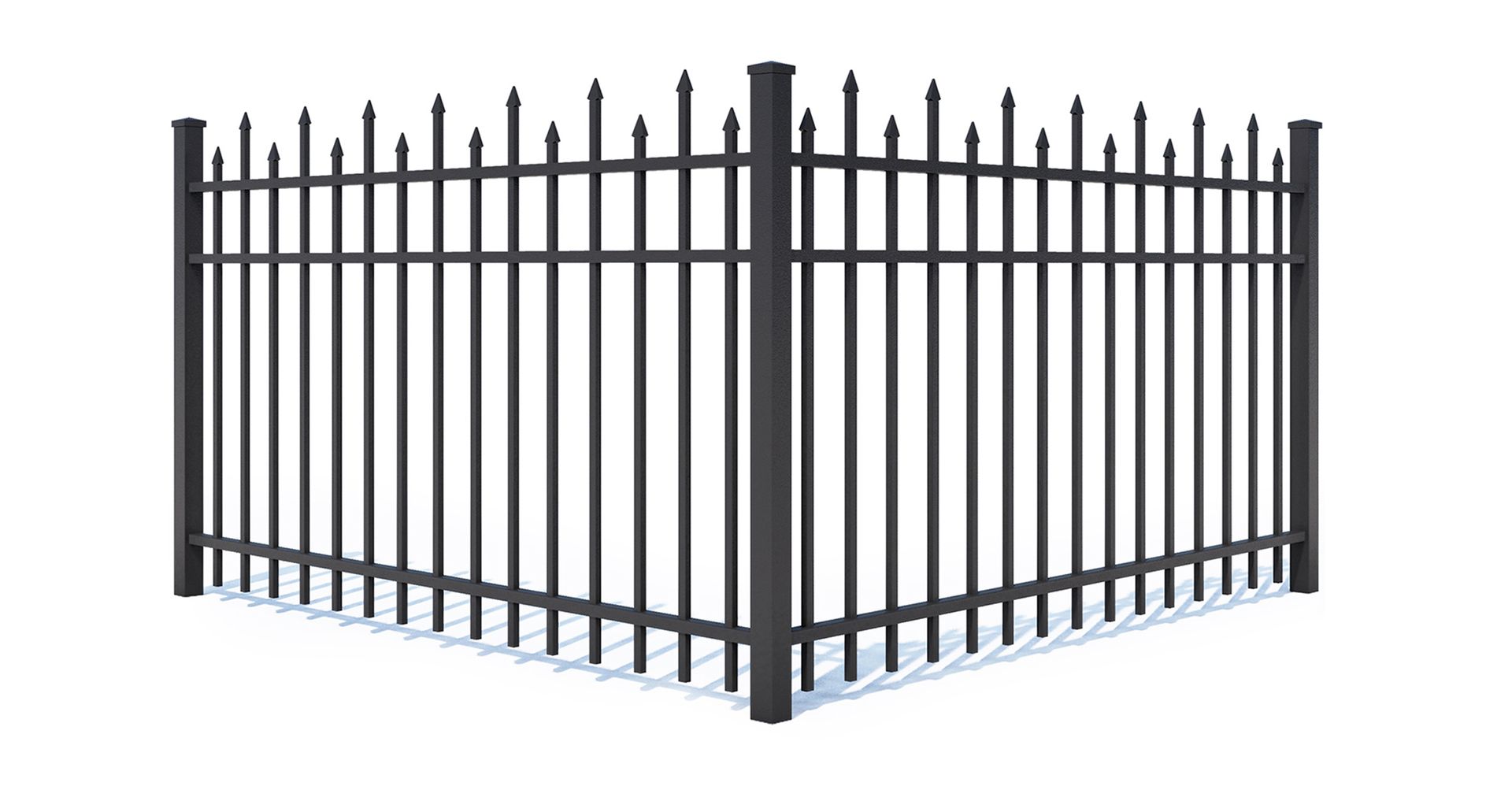 A black metal fence on a white background.