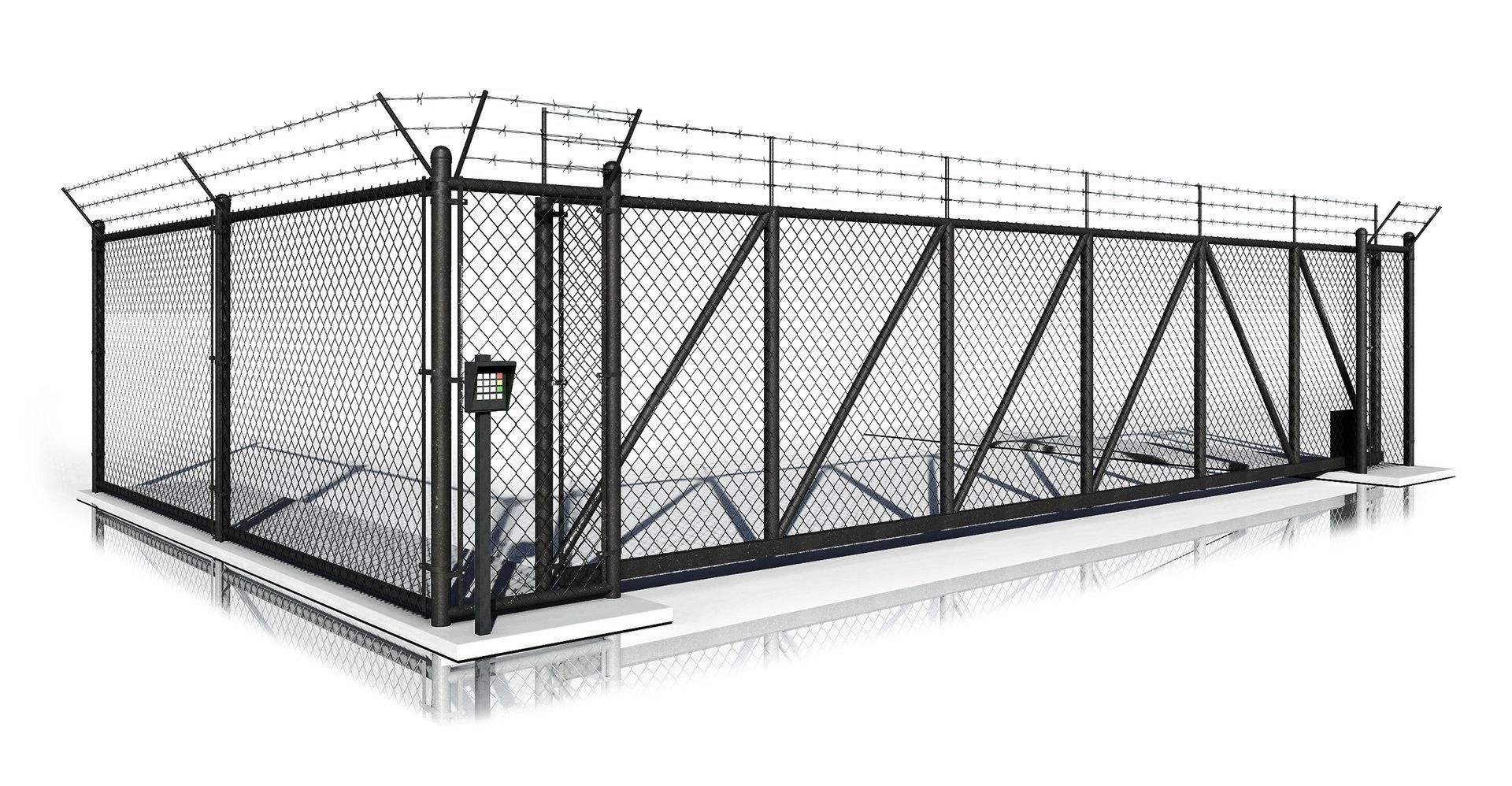 A black and white drawing of a chain link fence with barbed wire.