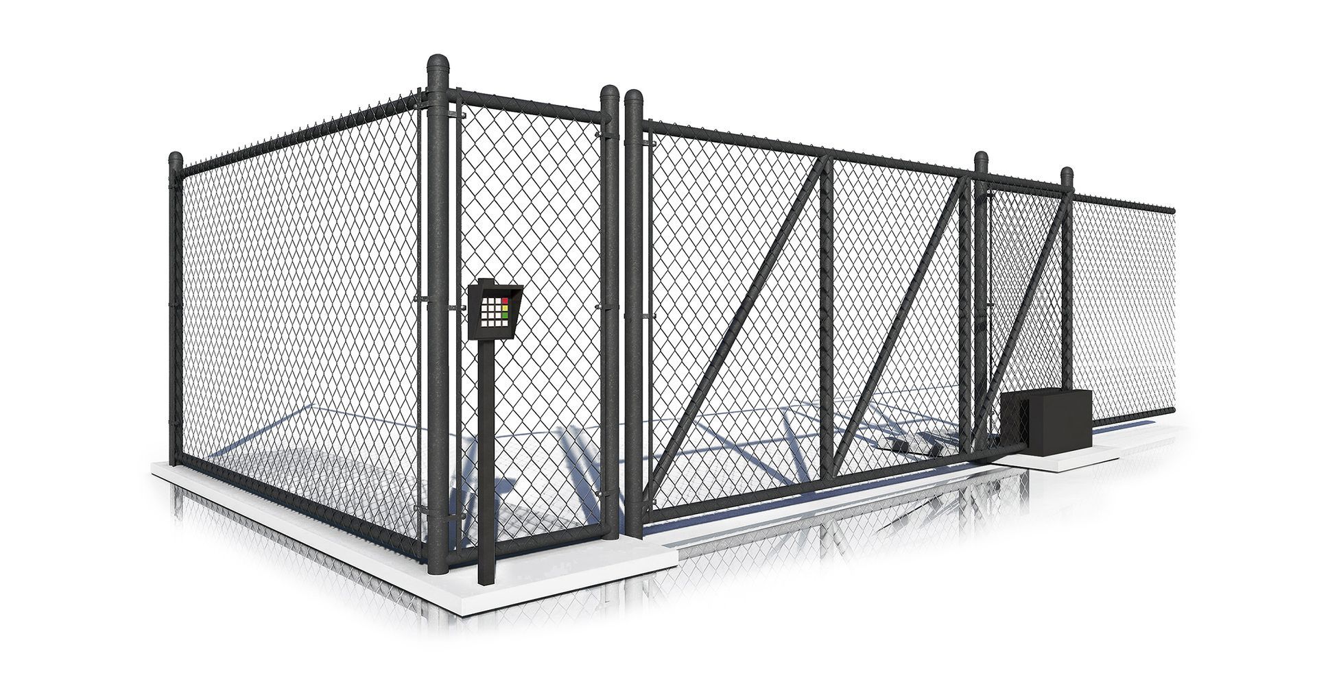 A chain link fence with a gate on a white background.
