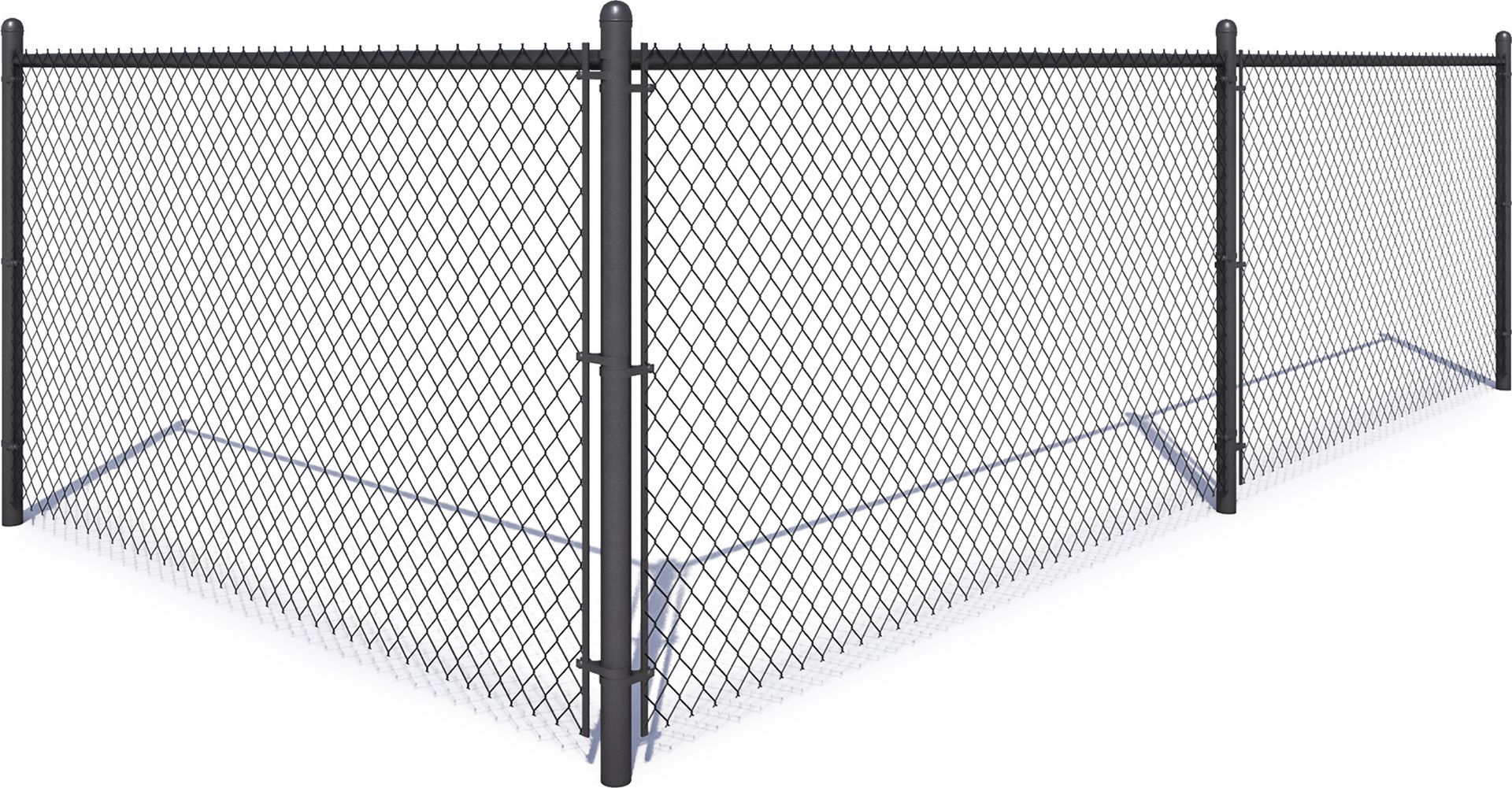 A chain link fence with a gate on a white background.