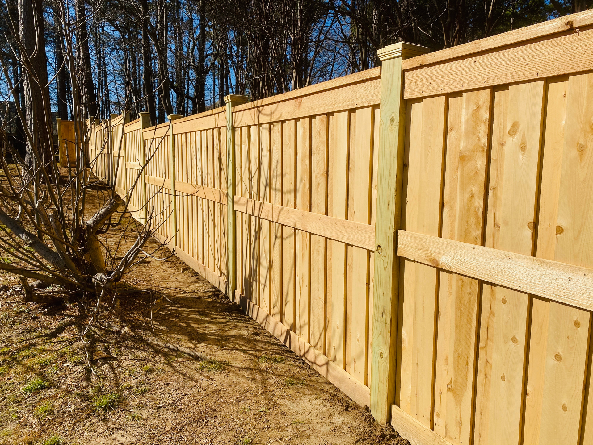 A wooden fence is surrounded by trees on a sunny day.