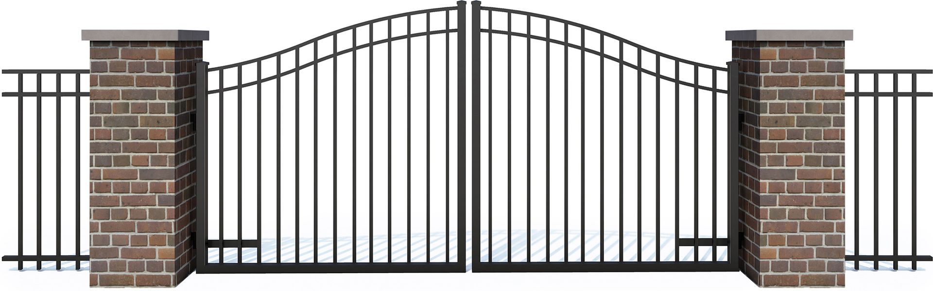 A wrought iron gate with brick pillars surrounding it on a white background.