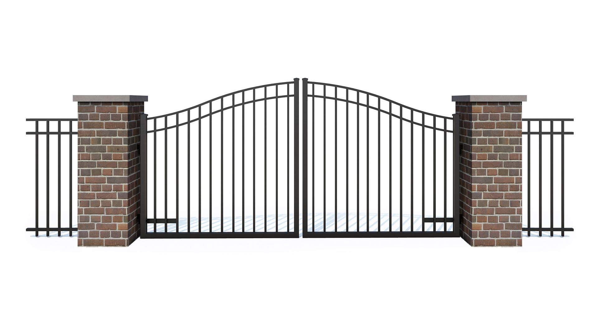 A wrought iron gate with a brick pillar on a white background.