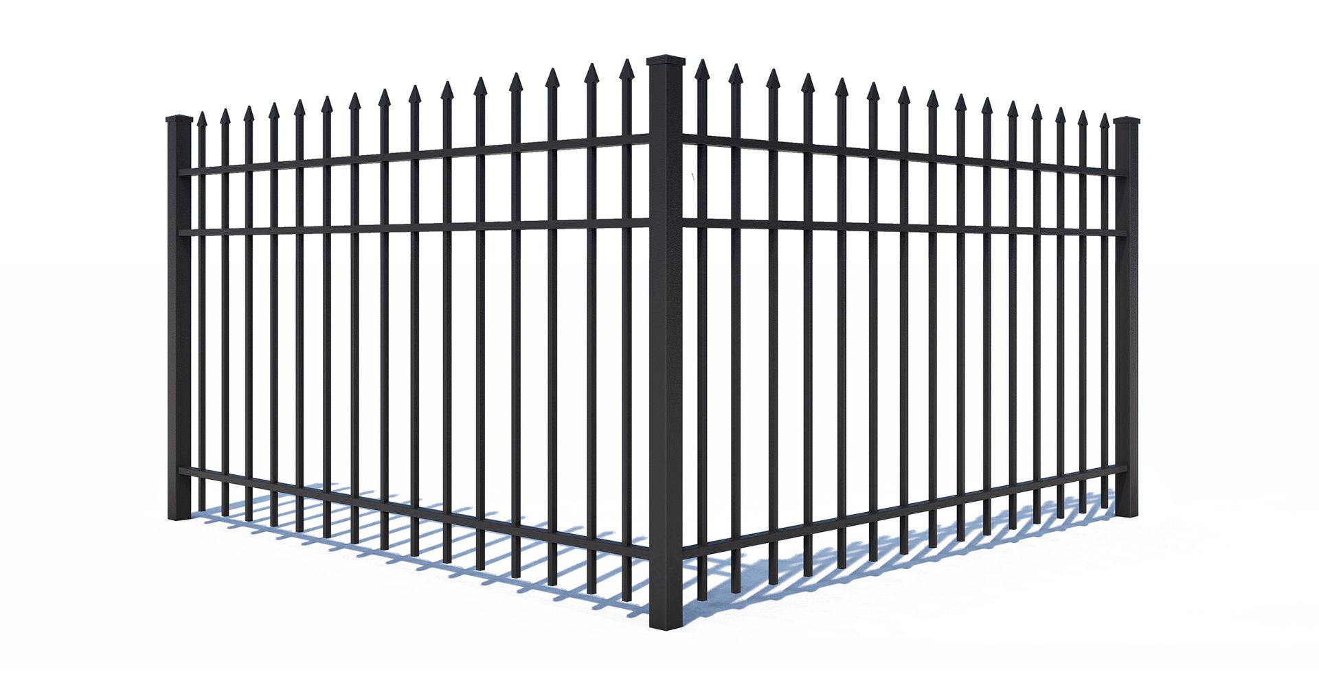 A black metal fence with a shadow on a white background.
