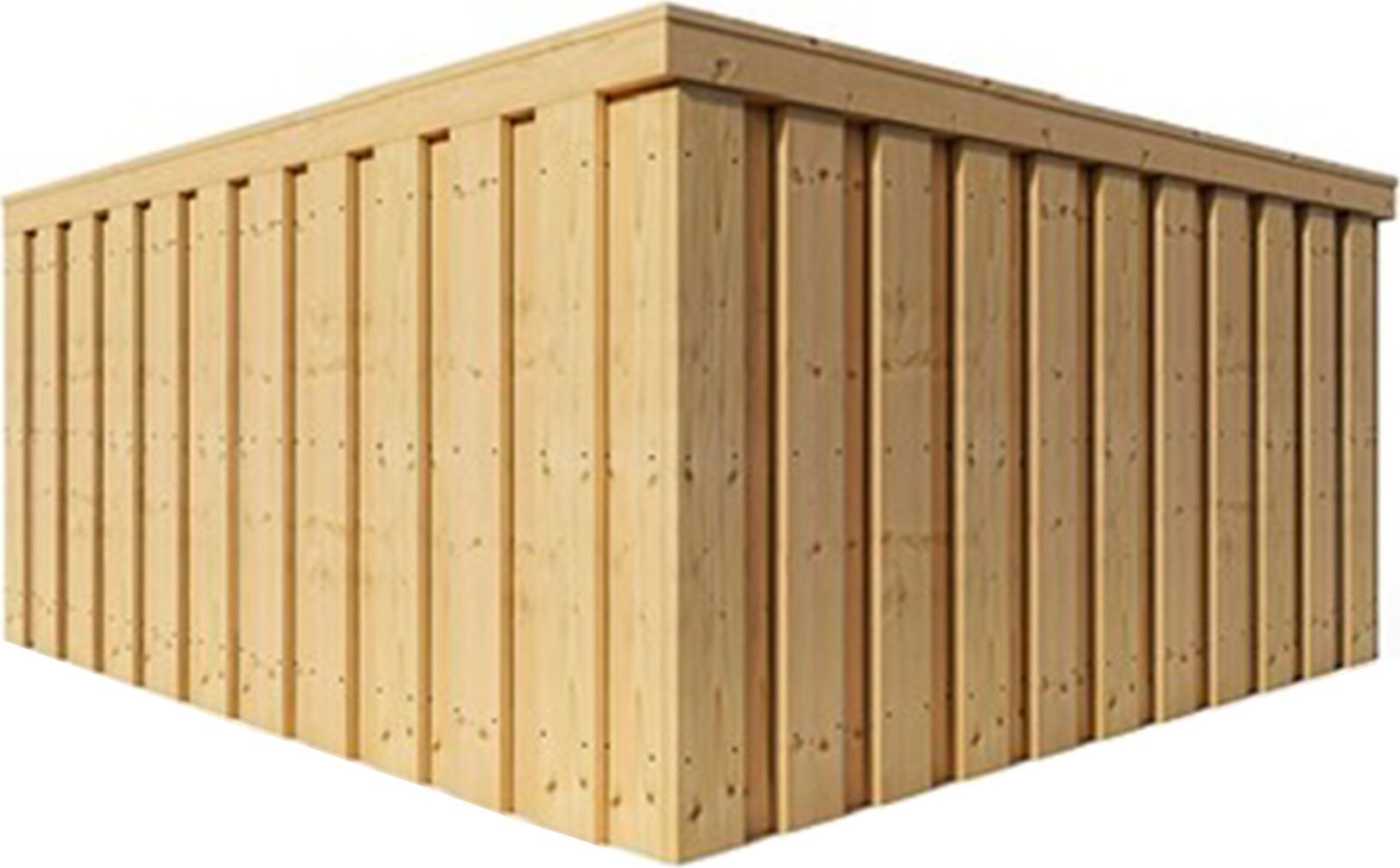 A corner of a wooden building with a white background