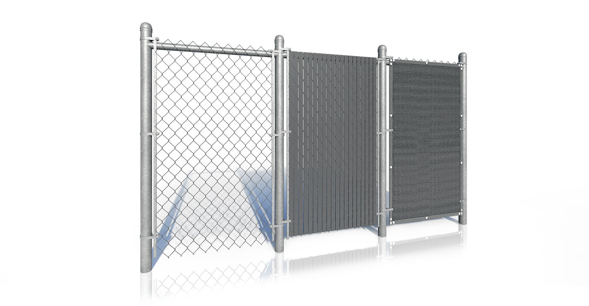 Three different types of chain link fences are shown on a white background.