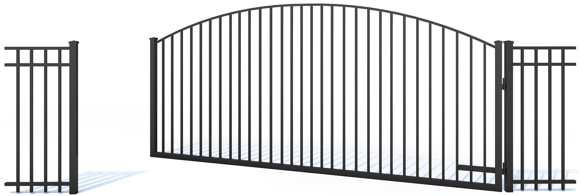 A black wrought iron gate is open and closed on a white background.