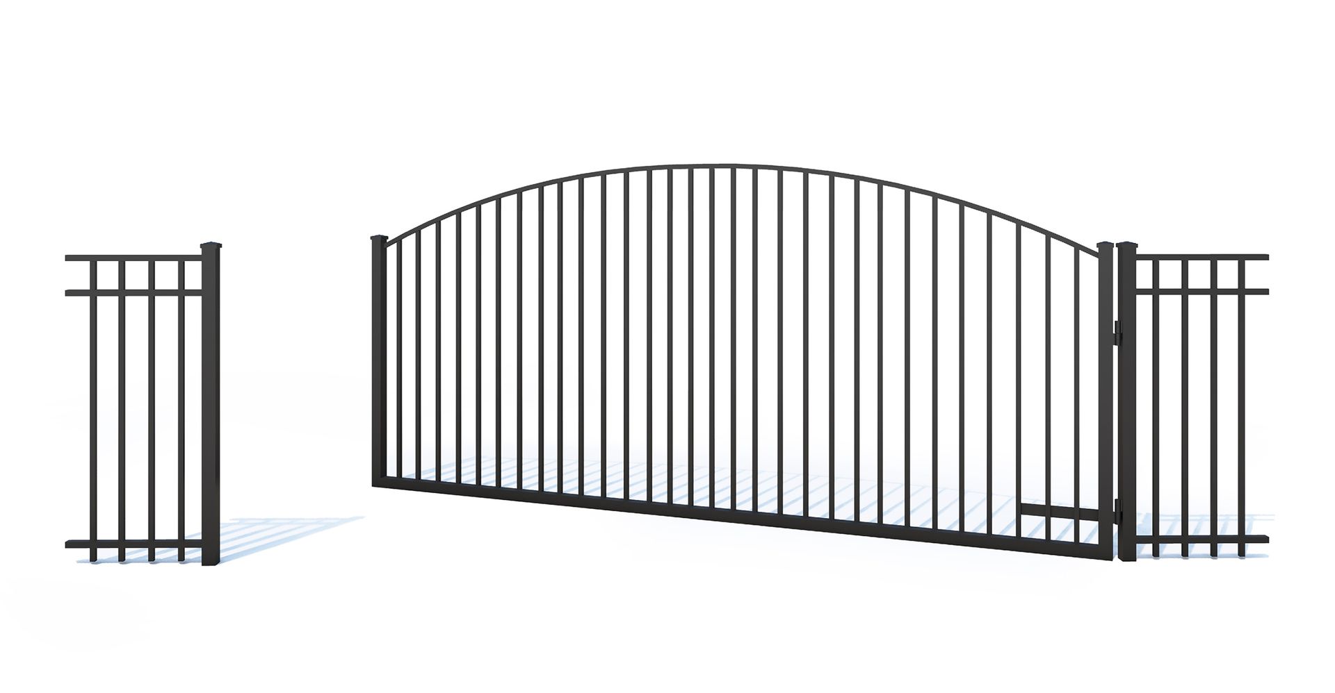 A black wrought iron gate with a curved arch on a white background.