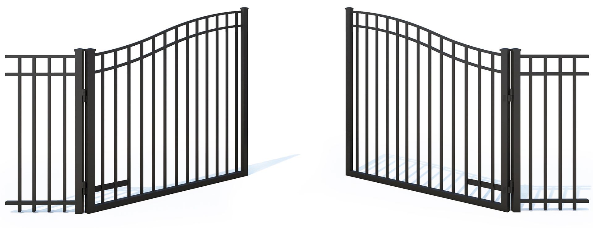 A black wrought iron gate is open and closed on a white background.