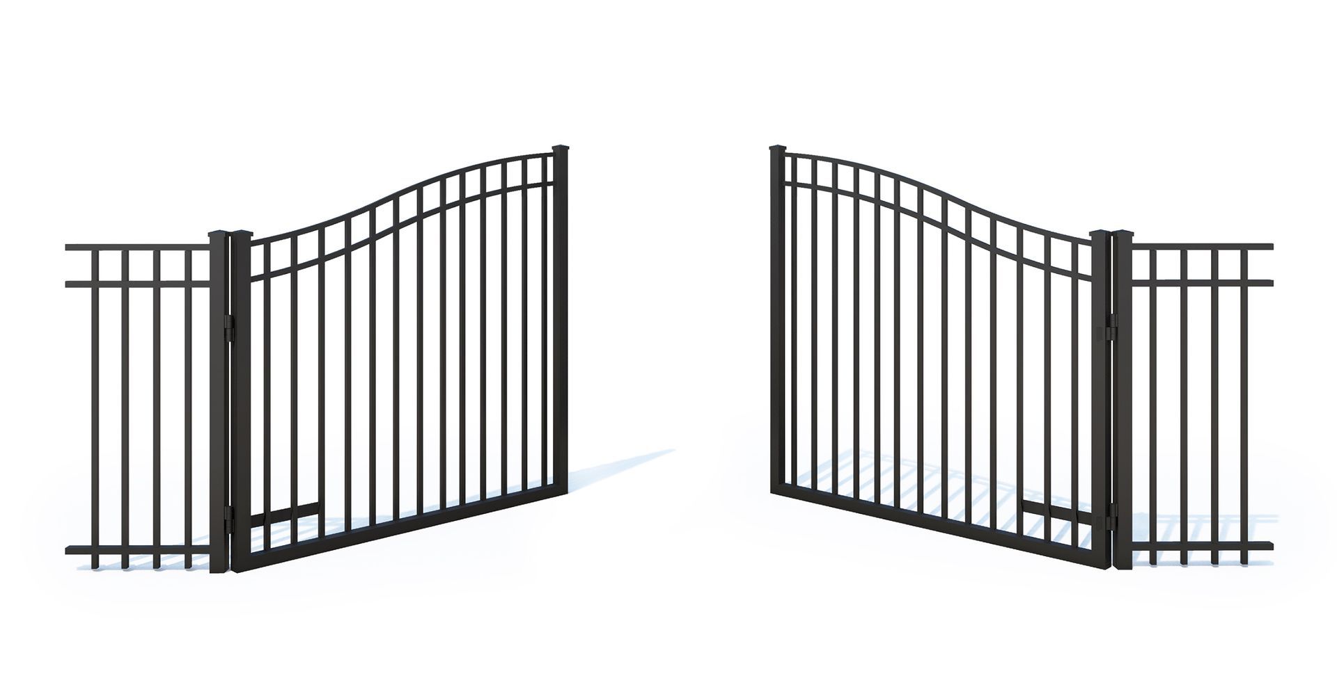 A pair of black metal gates are open on a white background.