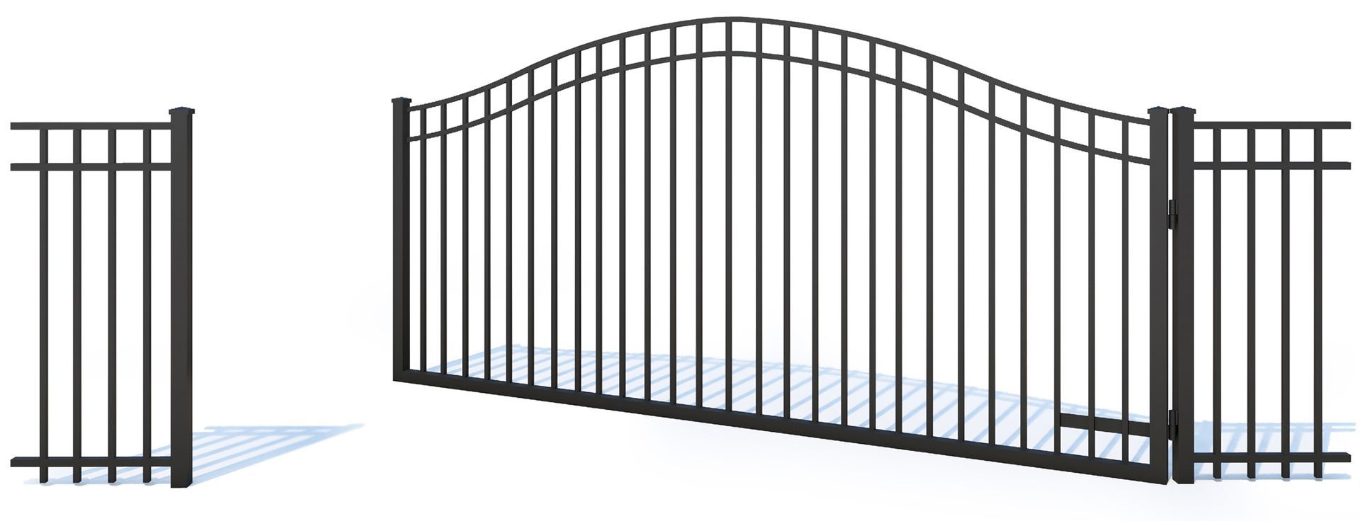 A black wrought iron gate with a curved arch on a white background.