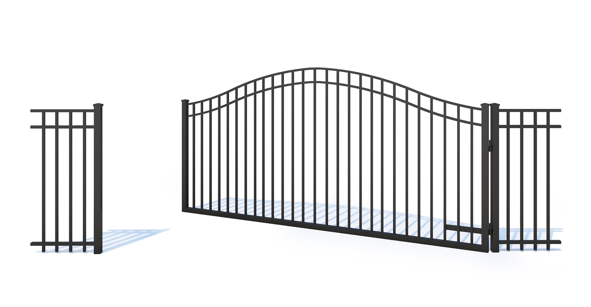 A black wrought iron gate is open and closed on a white background.