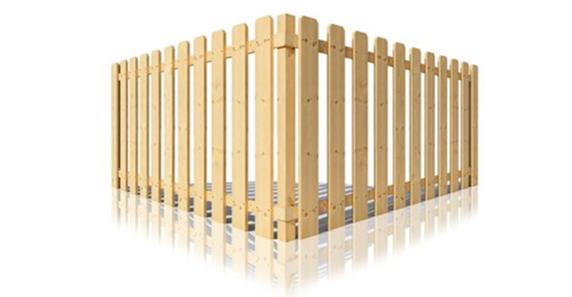 A wooden fence with a reflection on a white background.