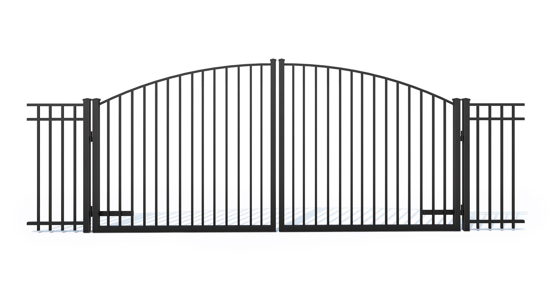A black wrought iron gate with a curved arch on a white background.