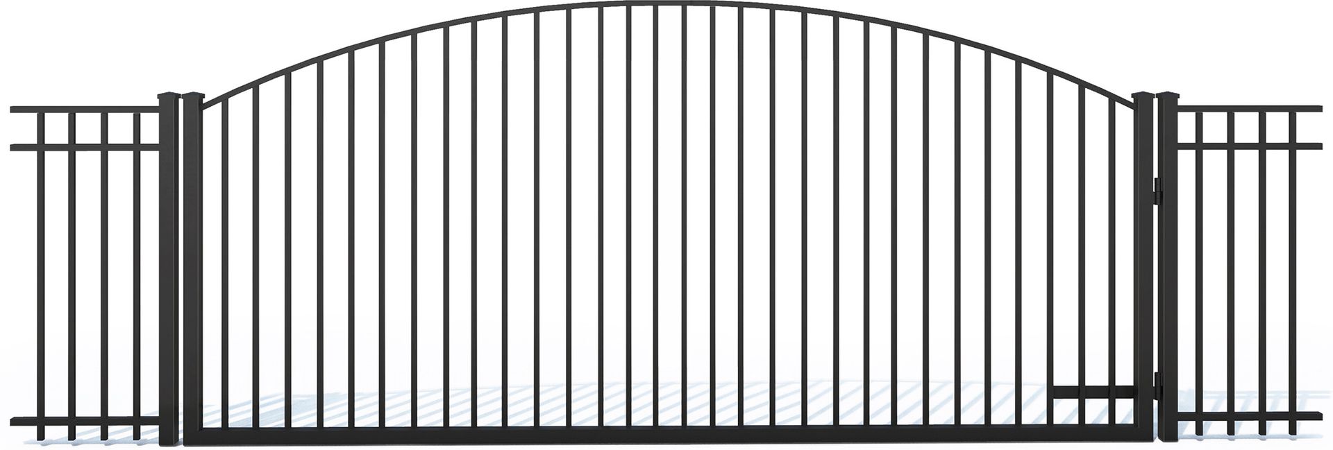 A black wrought iron gate with a curved arch on a white background.