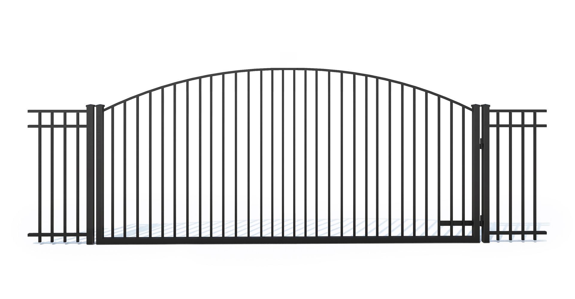 A black wrought iron gate with a curved arch on a white background.