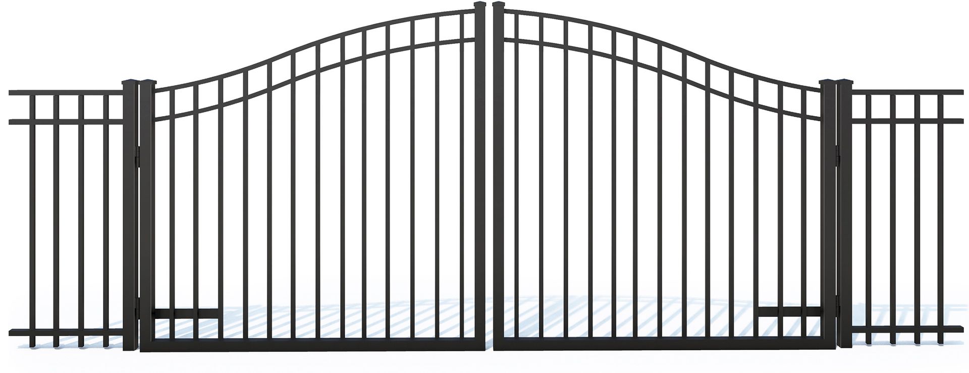 A black wrought iron gate with a fence around it on a white background.