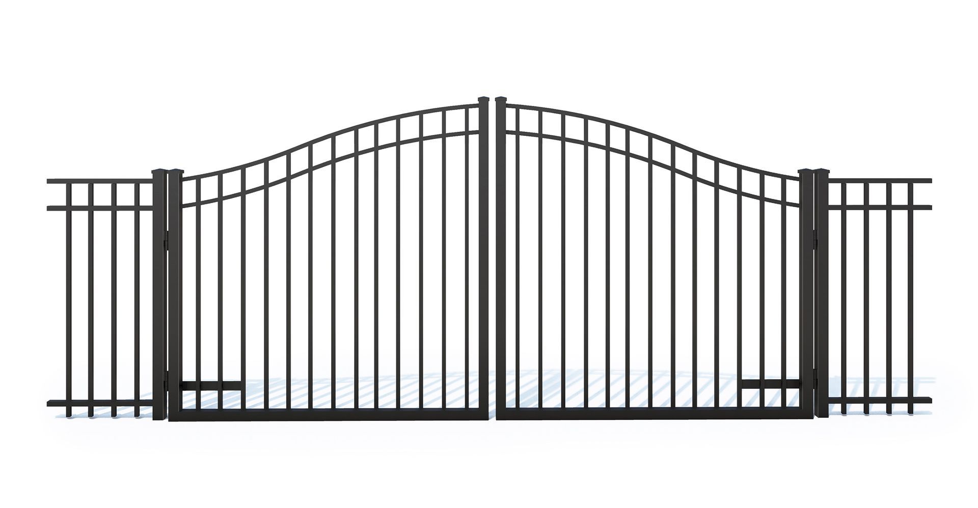 A black wrought iron gate on a white background.