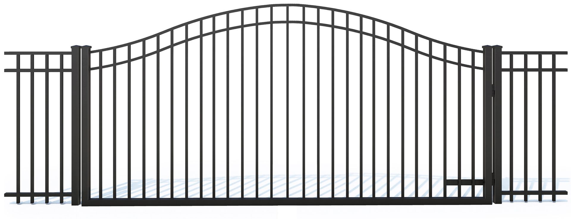 A black wrought iron gate with a curved arch on a white background.