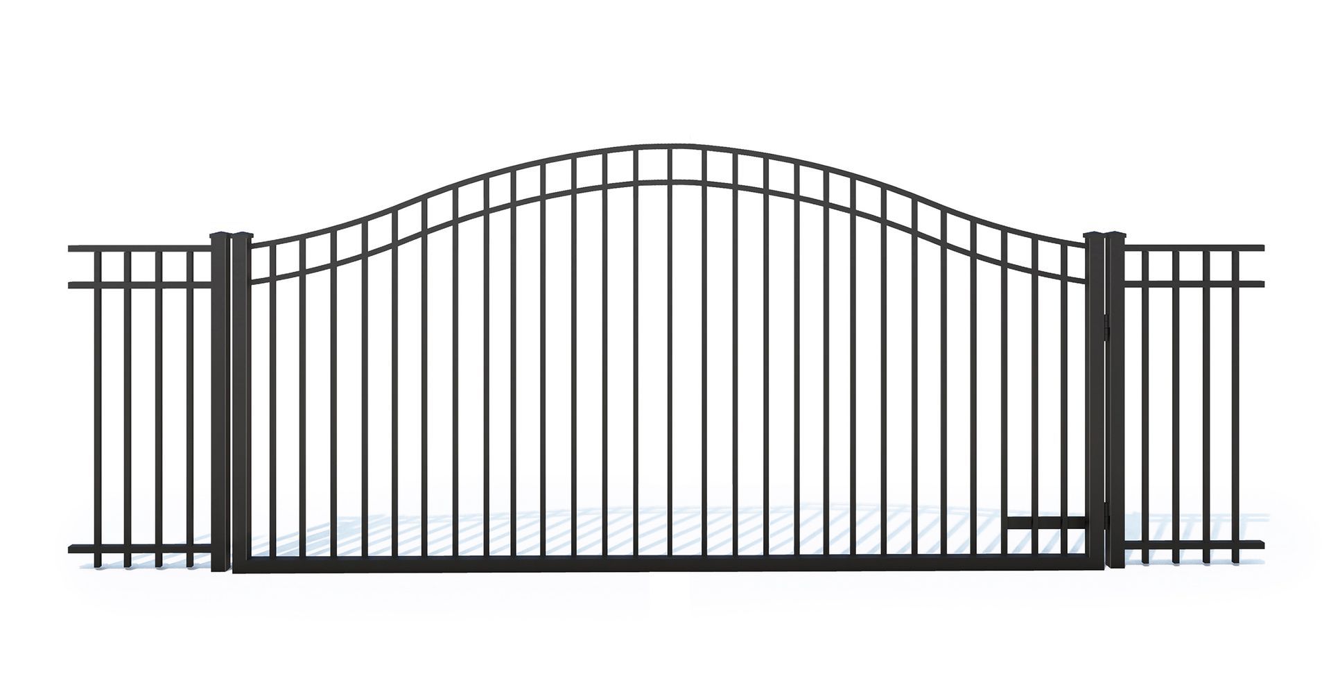 A black wrought iron gate with a curved arch on a white background.