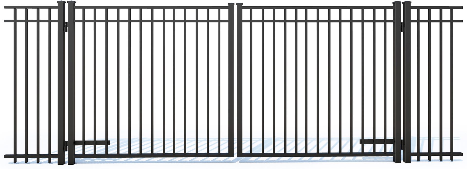 A black metal fence with a gate on a white background.