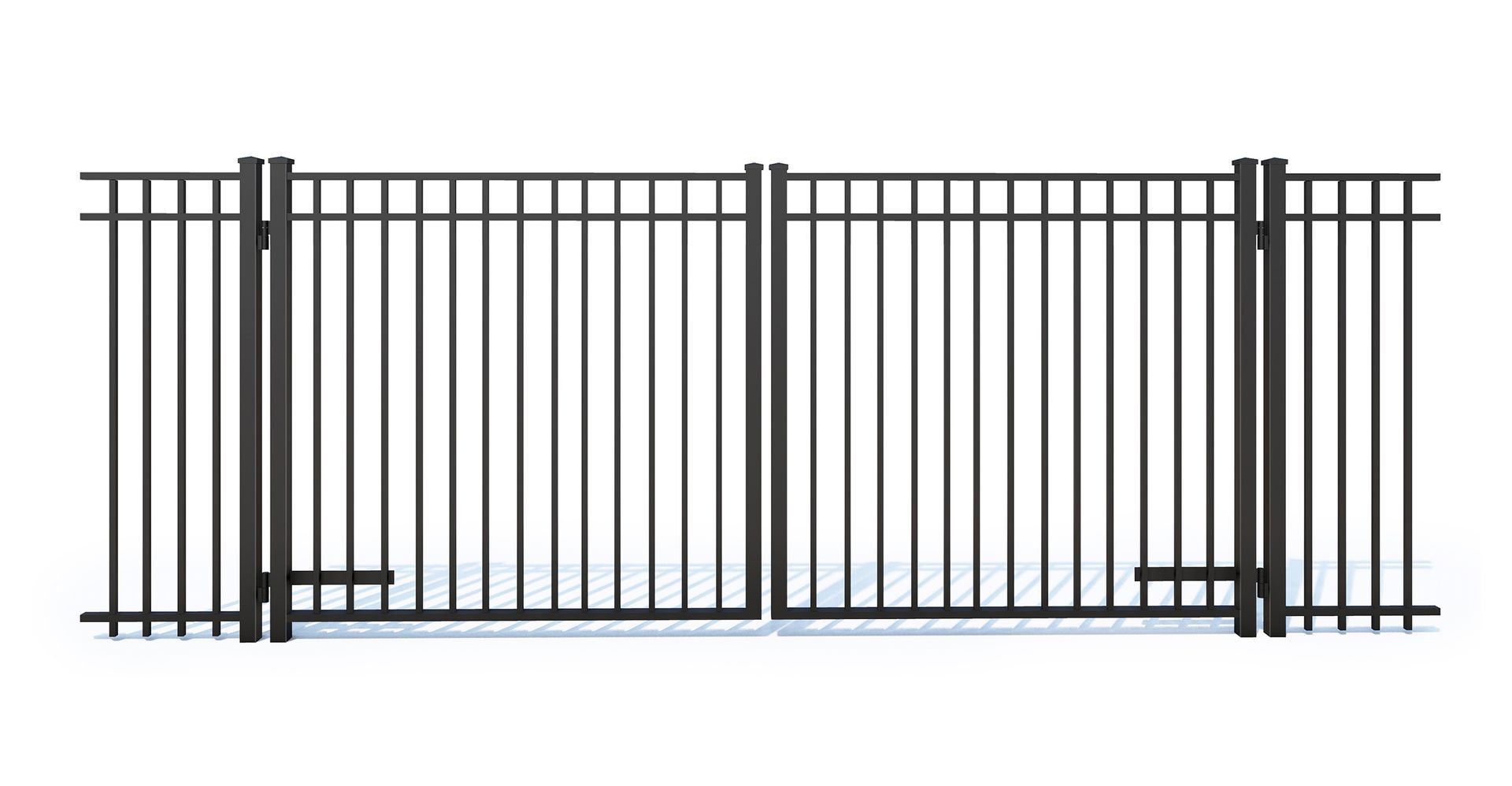 A black metal fence with a gate on a white background.