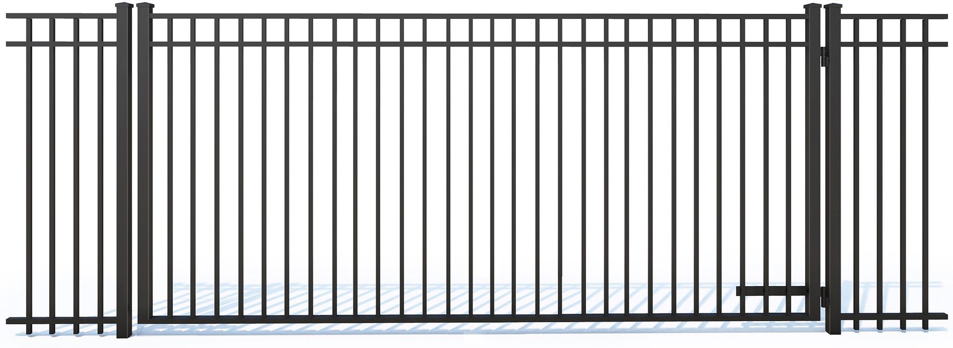 A black metal fence with a gate on a white background.