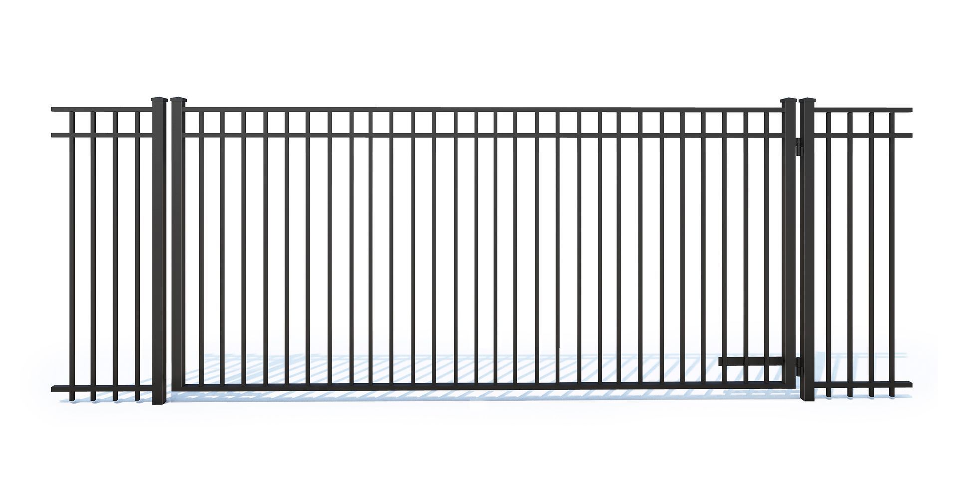A black metal fence with a gate on a white background.