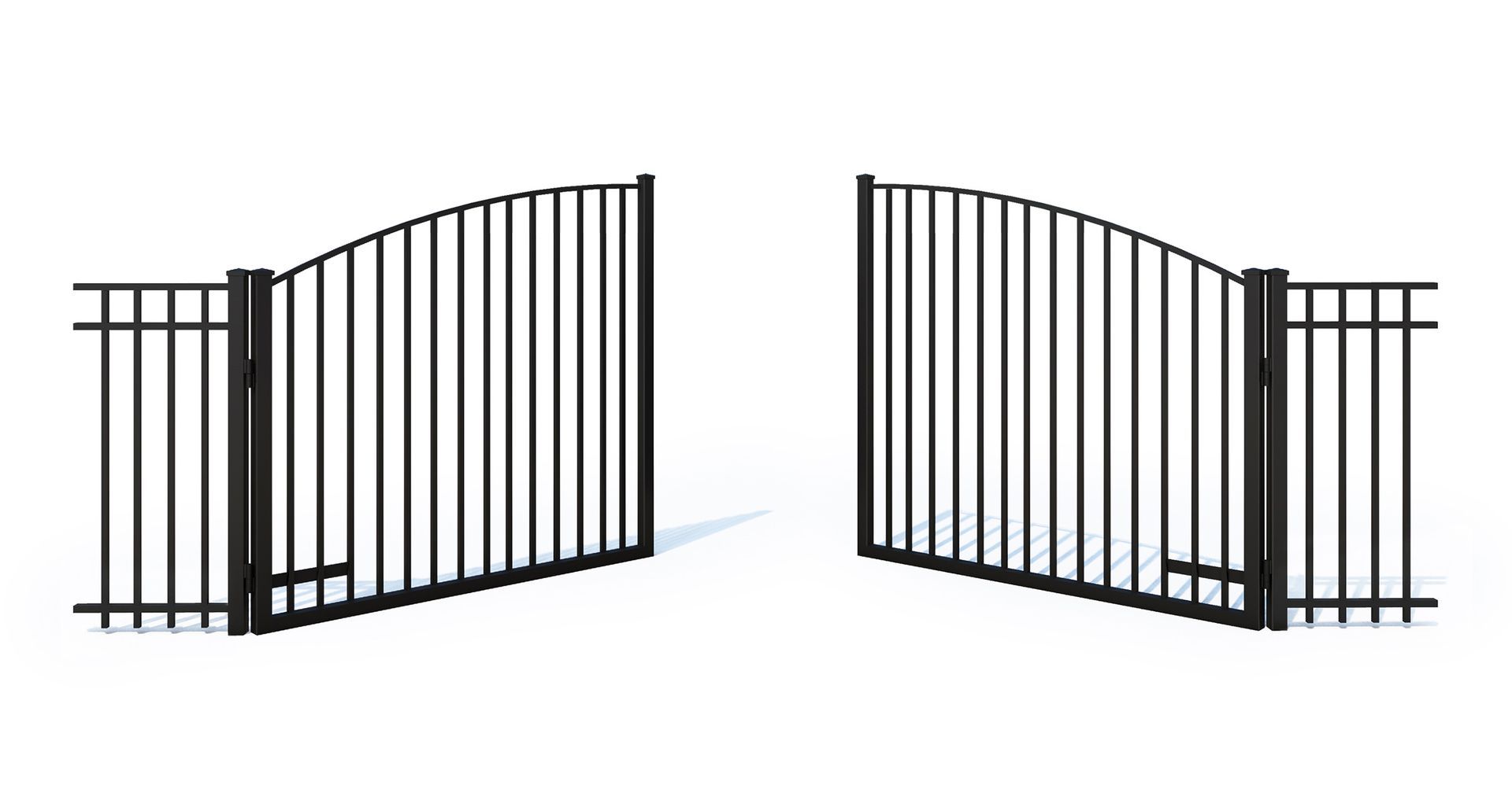 A black wrought iron gate is open and closed on a white background.
