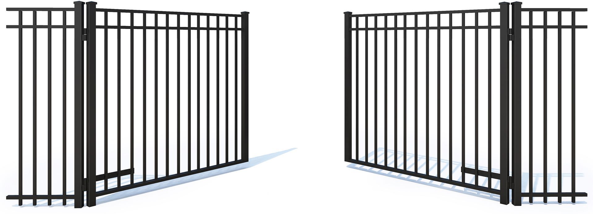 A pair of black metal gates are open and closed on a white background.