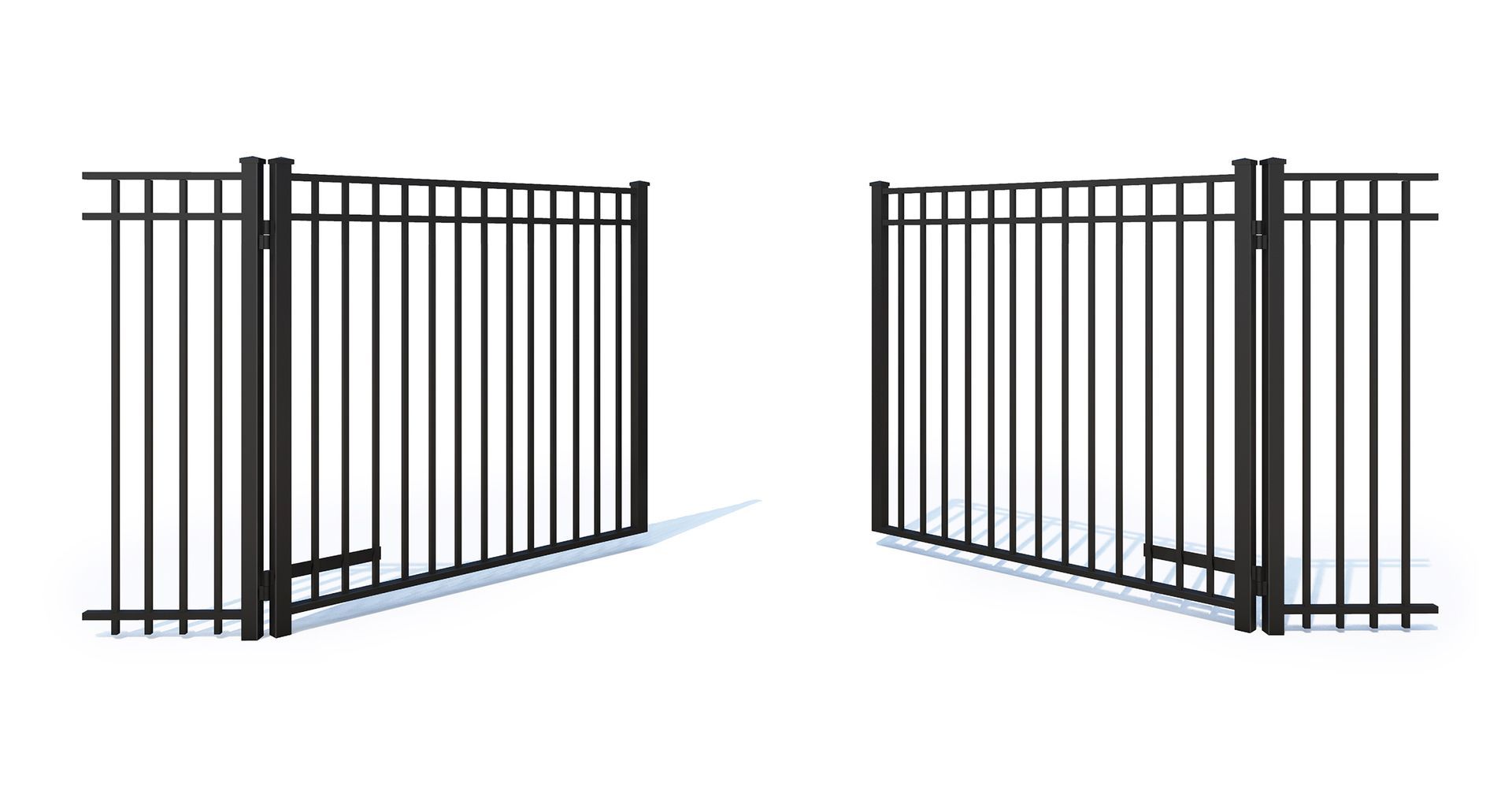 A pair of black metal gates are open and closed on a white background.